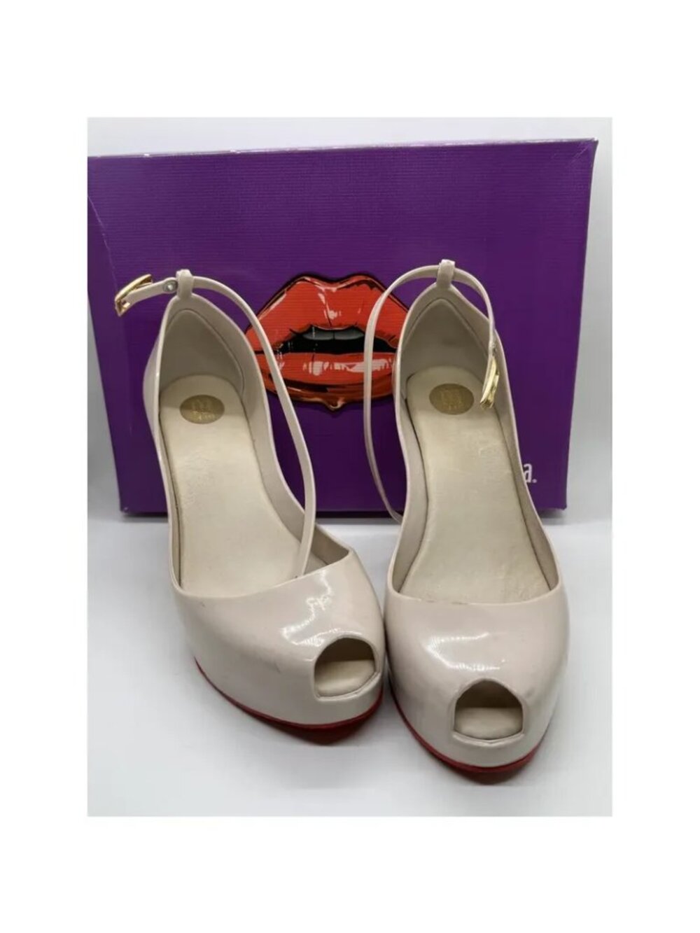 Melissa Patchuli III Beige Peep-Toe Platform Heels With Ankle Strap Size 7 Made